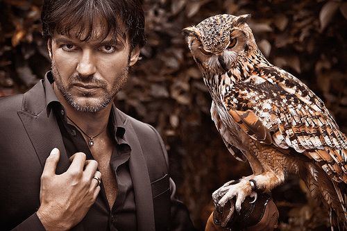 Retrato de un hombre junto a un búho real